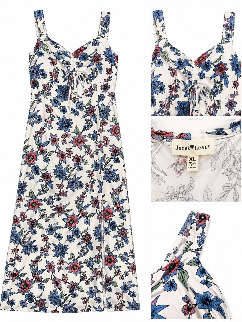 Derek Heart White Floral Midi Dress with Blue and Pink Blooms